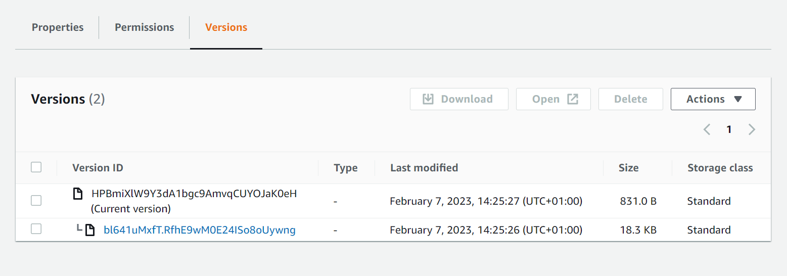 Bucket S3 : 1 document, 2 versions