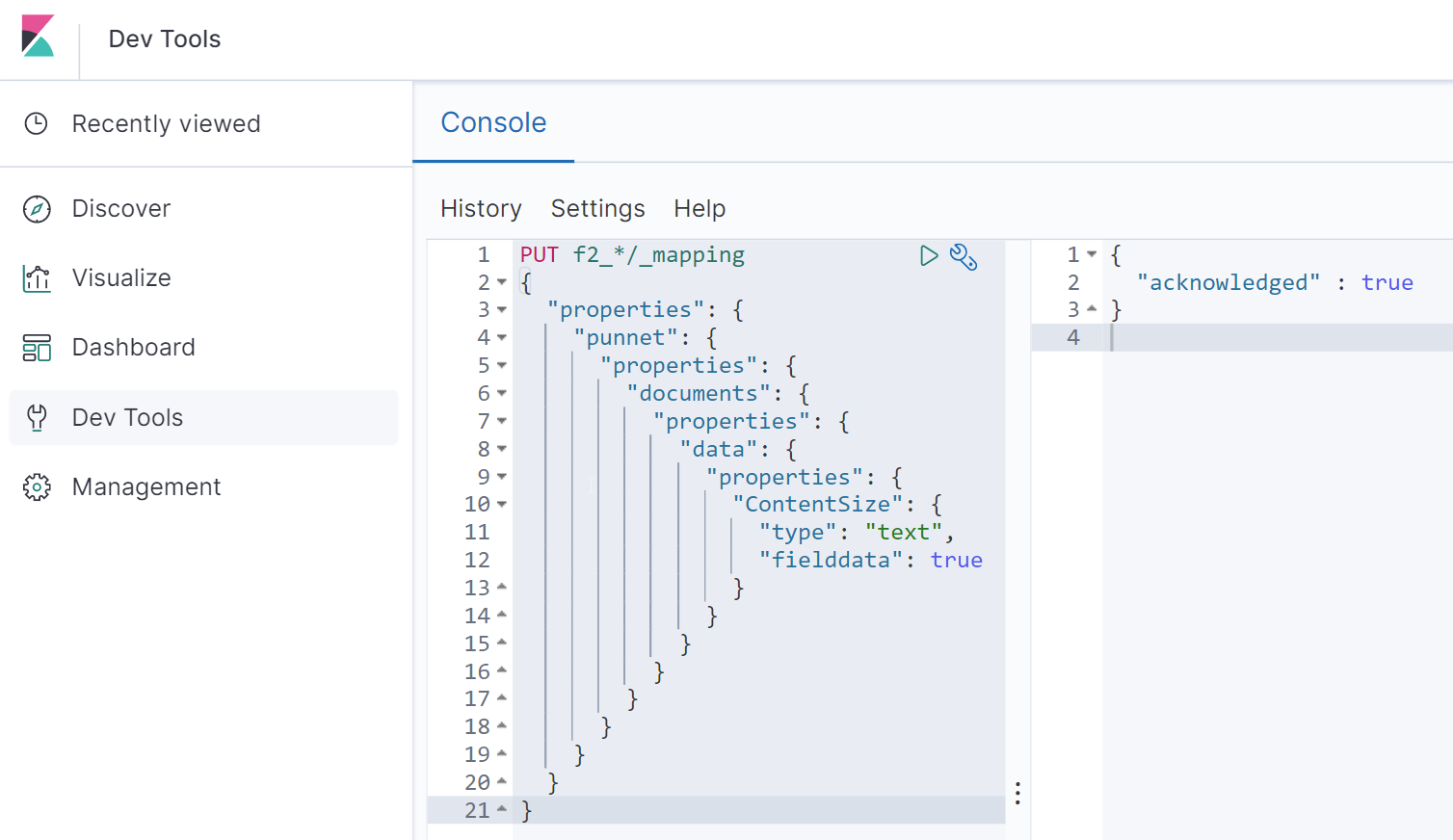 Kibana dev tools section